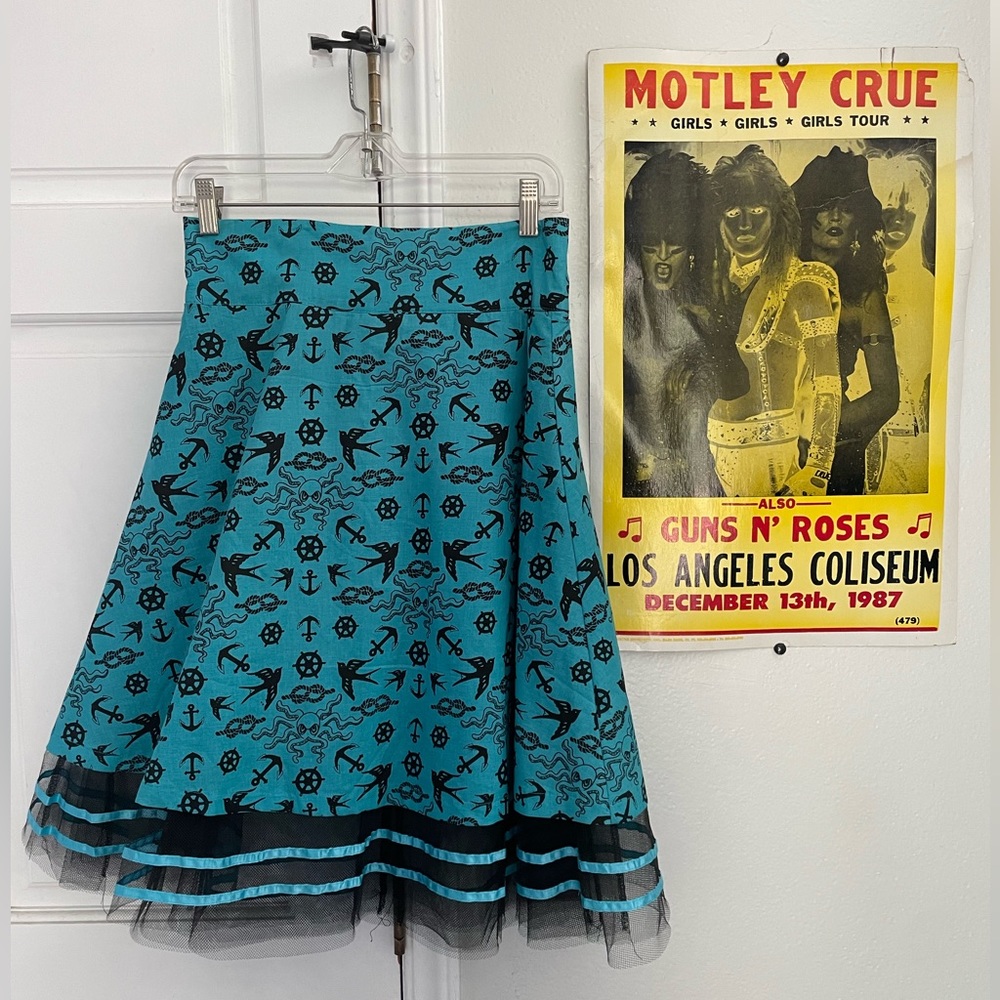 Too Fast sailor nautical flash print on blue skirt size medium